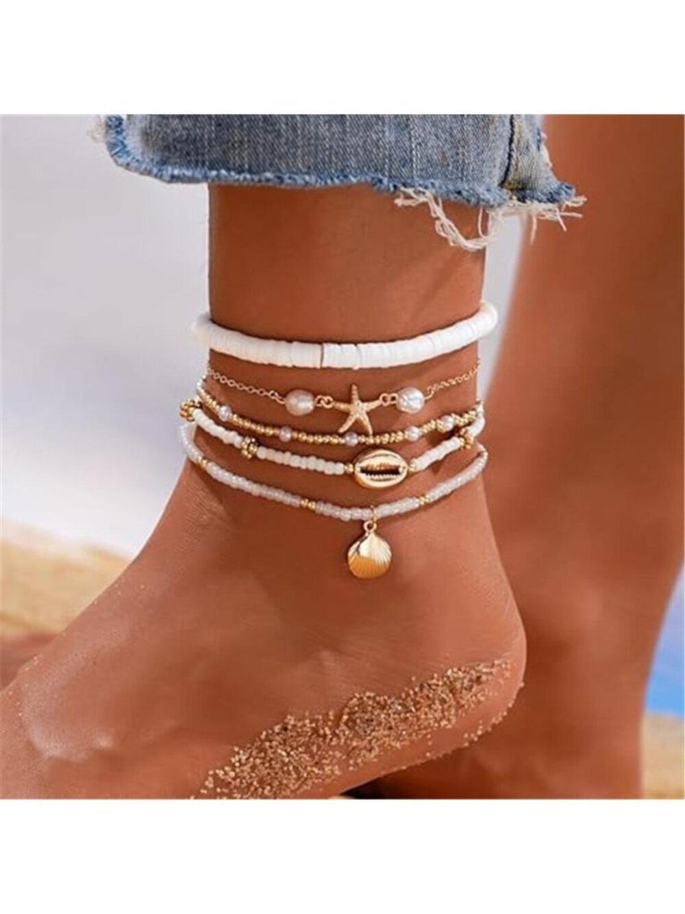 Boho Shell Anklet Set Womens 5 Pairs Gold Plated